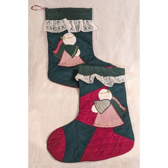 2 Angels Christmas Stocking Quilted Applique Folk Art Primitive Lace Naive Pair - Picture 16 of 16